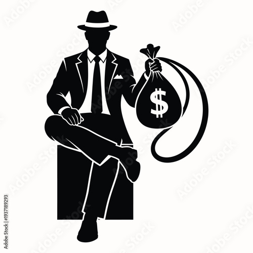 April fools day silhouette of a rich man holding a money bag