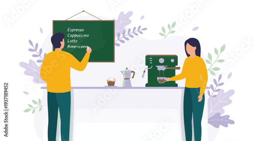 Barista coffee training class, man writing menu and woman making espresso