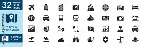Traveling and navigation icon set. Flat icon Editable color. Containing icon symbol of airplane, restaurant, car, taxi, train, airport, map, luggage, hotel, location pin, harbor, beach, route, ticket.