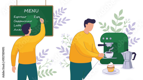 Baristas at work in a coffee shop, preparing drinks and updating menu