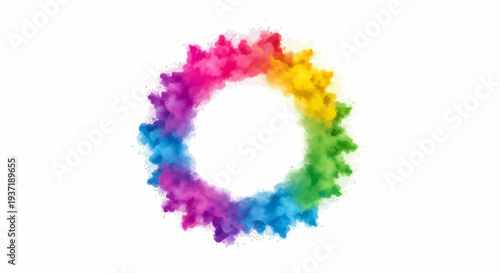 A colorful, abstract illustration of a circular design made with rainbow-colored powder on a white background, symbolizing Holi Day celebration and festive tradition.