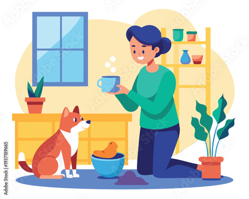 Woman with dog in home setting offering coffee
