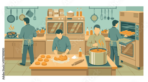 Illustration of chefs cooking and baking in a busy kitchen environment