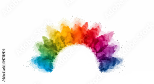 A colorful, abstract rainbow design with a powder effect on a white background, representing a festive Holi Day celebration.