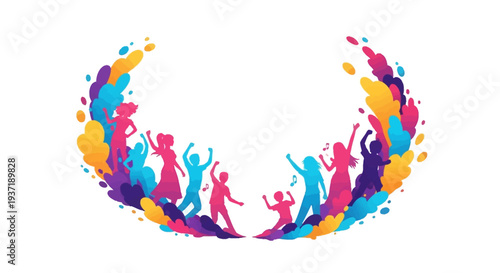 Colorful illustration of people celebrating Holi festival day with vibrant powder in a joyful and abstract design on a white background.