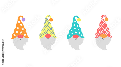 Funny garden gnome faces set, whimsical forest elf characters for stickers and scrapbooking.