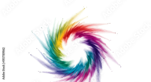 Vibrant abstract illustration of a swirling rainbow-colored design on a white background, symbolizing the Holi festival celebration with a dynamic and colorful layout.