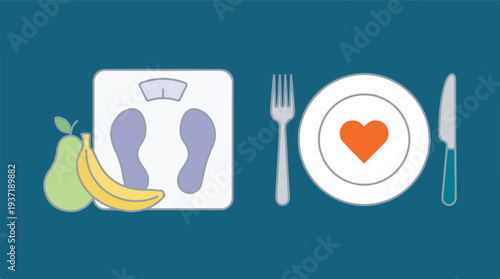 Health and Wellness Concept with Fruits, Weight Scale, and Heart on Plate