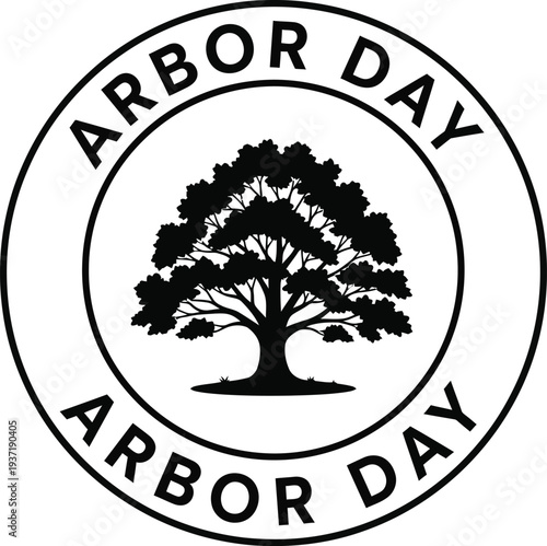 Arbor day circular emblem with strong tree silhouette, symbol of nature and environmental protection