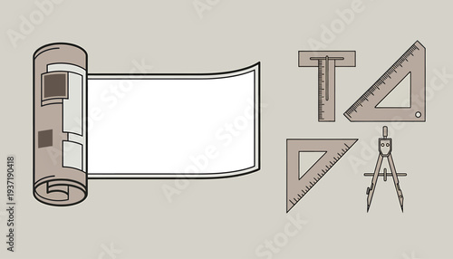 Blueprint Rolled Up with Drafting Tools.