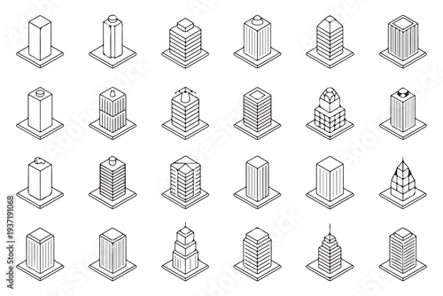 Set of isometric building line icons featuring various skyscraper shapes and architectural designs