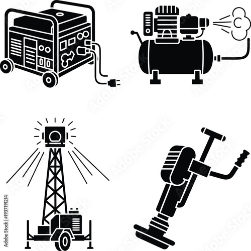 Set of Black Silhouettes of Industrial and Construction Equipment generator air compressor