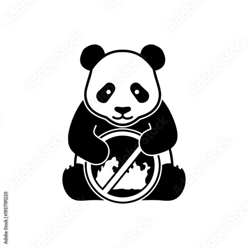 A charming panda bear sits and hugs a circular no symbol a striking silhouette