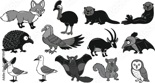 Collection of cartoon animals and birds in grayscale cassowary otter
