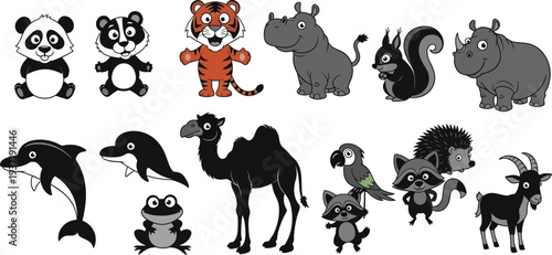 Collection of cartoon animals including panda tiger hippo squirrel rhino dolphin camel frog parrot raccoon hedgehog goat