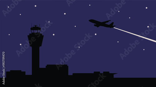 Night flight illustration: Airplane taking off from airport with starry sky