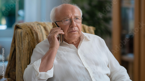 Wallpaper Mural Retired man receiving a phone call delivering unexpected bad news sitting slowly onto a chair with shock, perfect for senior shock emotion concept, elder life crisis, aging difficult news, modern Torontodigital.ca