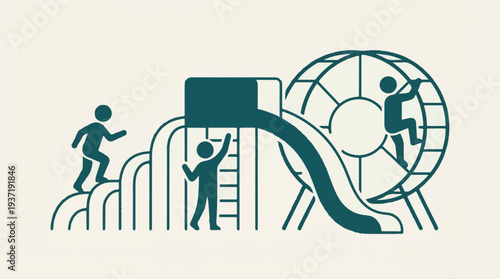 Minimalist illustration of children playing on various playground structures