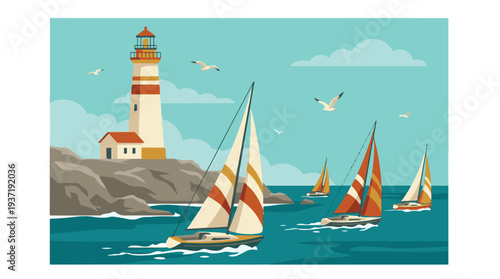 Coastal scene with lighthouse, sailboats, and seagulls in flat vector style