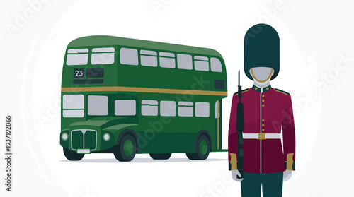 Green double-decker bus and ceremonial British guard illustration