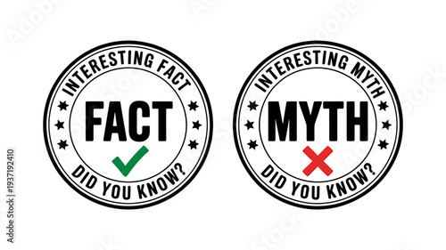 Fact and myth stamps on white background for verification concepts