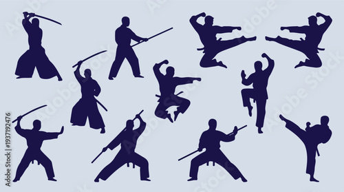 Dynamic martial arts silhouettes with traditional weapons and combat moves