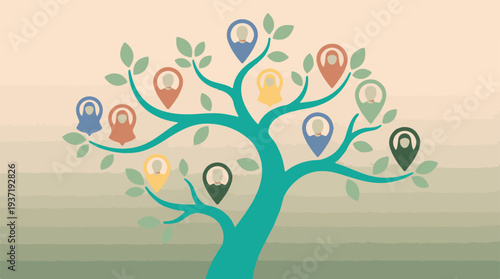 Diverse family tree illustration with people icons representing community and genealogy