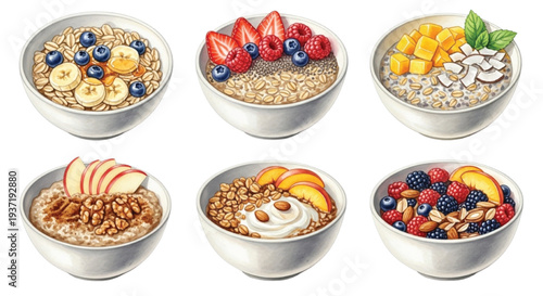 Watercolor Oatmeal Breakfast Bowls Set with Fruits Nuts Seeds and Granola