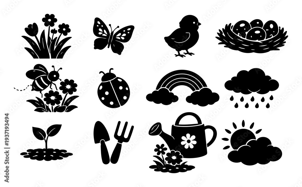 Obraz premium Spring Nature Silhouette Icon Set – Flowers, Butterfly, Chick, Bee, Ladybug, Rainbow, Garden Tools, Watering Can