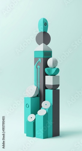 Geometric Abstract Sculpture Teal Gray and White Blocks and Spheres