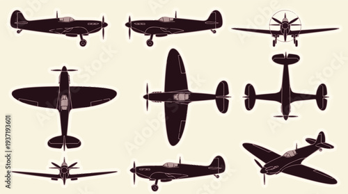 Collection of vintage military fighter airplane silhouettes from various angles