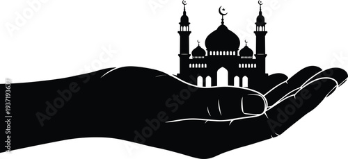 Black silhouette of hand holding mosque with domes and minarets white