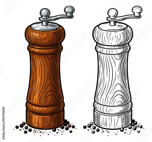 Illustration of wooden pepper mills with peppercorns scattered around on a plain surface, viewed from the front.