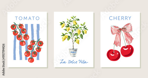 Poster collection. Lemon tree in the pot with yellow fruits, tomatoes, blue stripes, red cherry, bow, white background. Prints for t shirt, text La Dolce Vita. Vector illustration. Italian summer coa