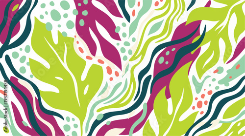 Abstract tropical pattern with vibrant leaves and organic shapes