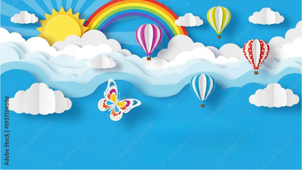 Obraz premium Colorful hot air balloons and rainbow floating above the clouds in a serene blue sky with a shining sun and a playful butterfly