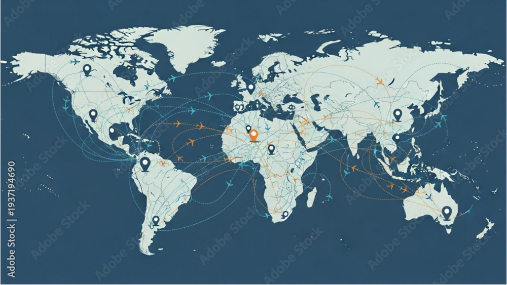 Fototapeta premium Global connections visualized on a world map with location markers and network lines
