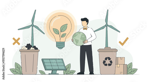 Eco-friendly comparison: green energy and recycling vs. pollution concept
