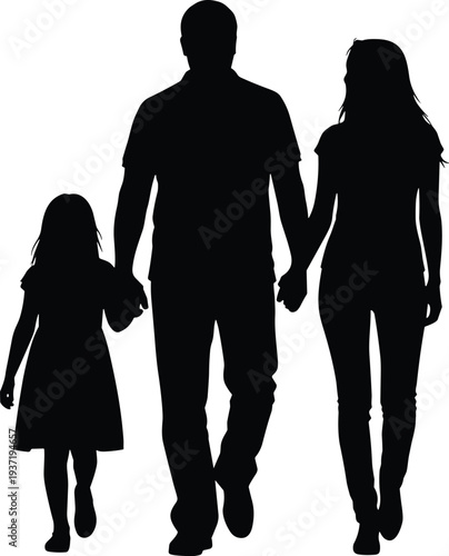 Black silhouette of family with man woman and little girl holding hands walking on white background