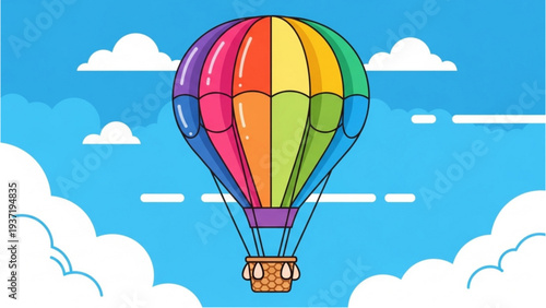 Vibrant Hot Air Balloon Soaring High in the Cloudy Sky with Fluffy Clouds Surrounding, a Joyful Scene from a Direct Viewpoint