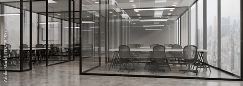Modern glass meeting room with conference tables and chairs inside corporate office with city skyline 3D render