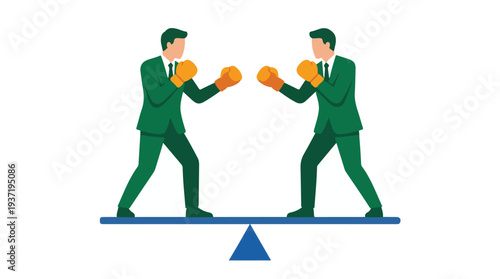 Two businessmen in boxing gloves on a balanced scale, symbolizing competition