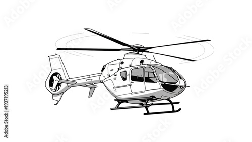A detailed black and white illustration of a helicopter viewed from the side with visible rotor blades and cockpit details