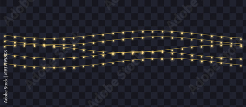 Bright yellow decorative light strands twinkle softly against a dark night sky effect