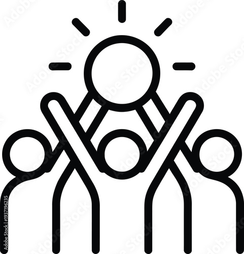 Outline icon representing a collaborative team of individuals joyfully celebrating a brilliant new idea or shared innovative concept, symbolizing collective success, inspiration, and achieving goals t