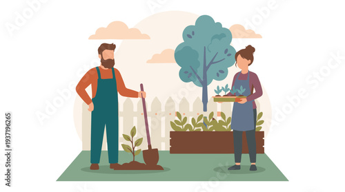 Couple Gardening, Planting Saplings and Seedlings in a Backyard Garden