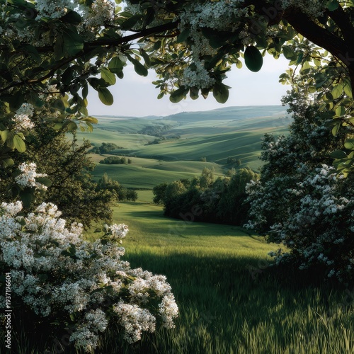 Serenity unfolds in a lush green valley under soft sunlight