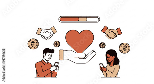 People donate money online with heart and handshake icons symbolizing charity and partnership