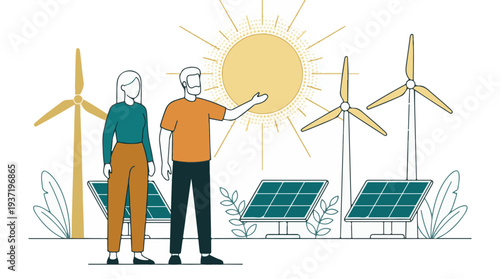 People promoting sustainable energy with solar panels, wind turbines, and sun