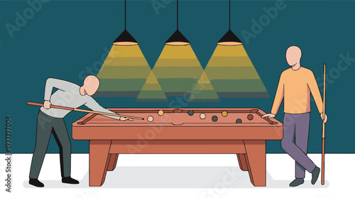 Two men playing billiards under three lamps in flat illustration style